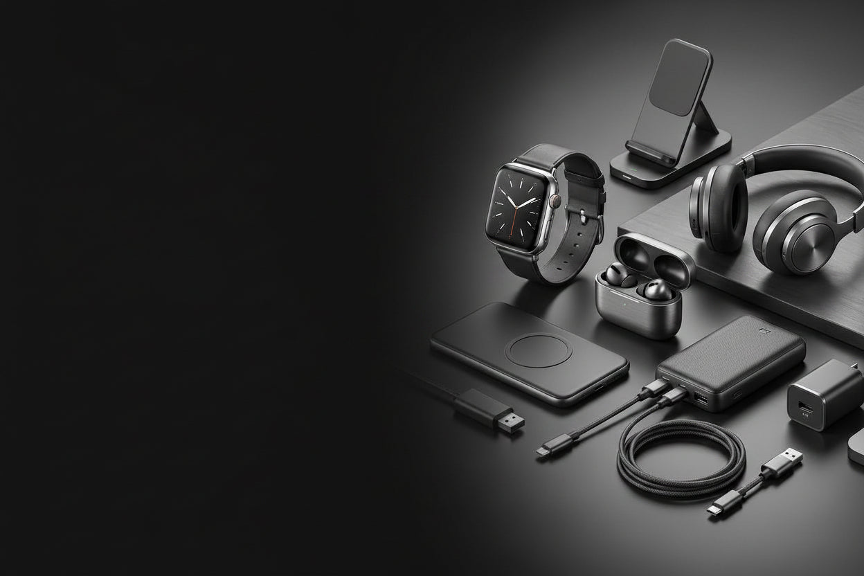 Promotional banner for a gadget store with various electronic items on a dark background.